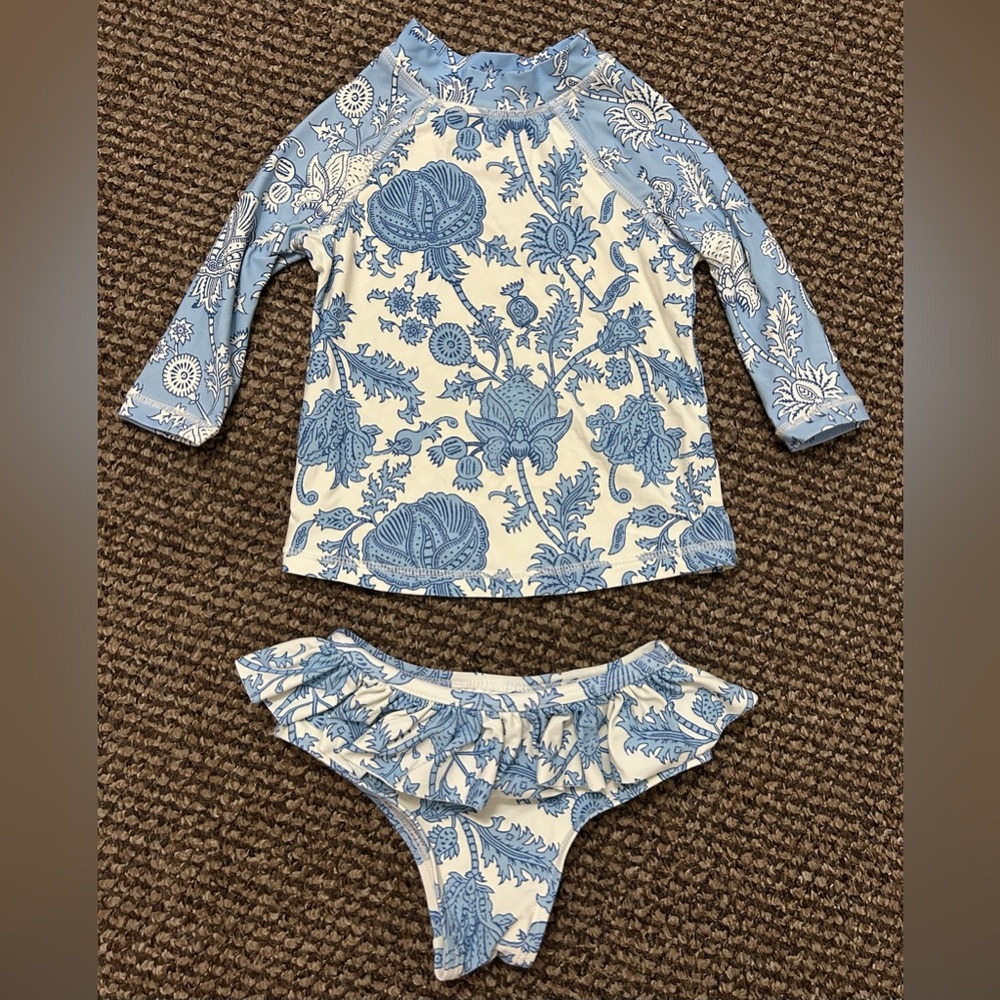 NWOT Roberta Roller Rabbit Blue Floral Print Girls Swimsuit Rashguard 18-24M